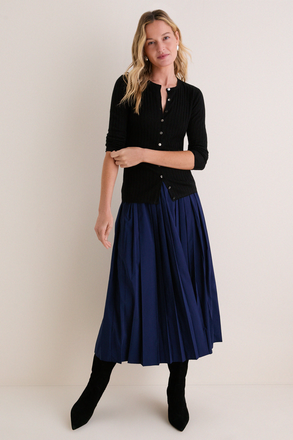 Navy Pleated Dixon Midi Skirt