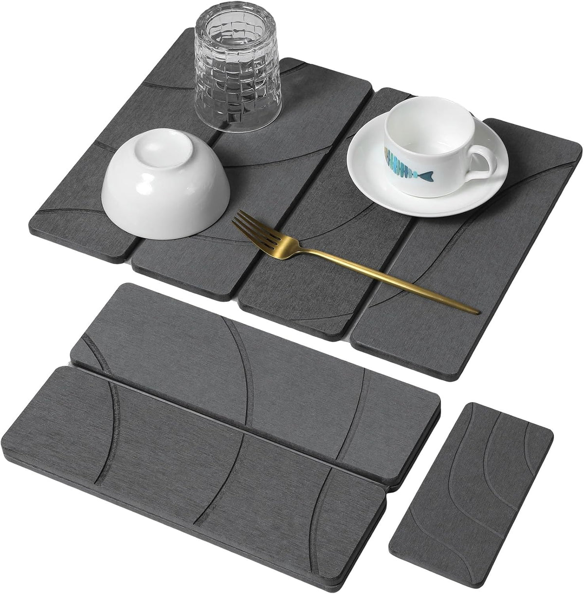 Large Stone Dish Drying Mat for Kitchen Counter, Quick Dry Stone Dishes/Bath Mats,Foldable Water Absorbing Diatomaceous Earth Drying Organizer Pad for Plate Rack Bottles Utensils(Dark Gray 24"×16")