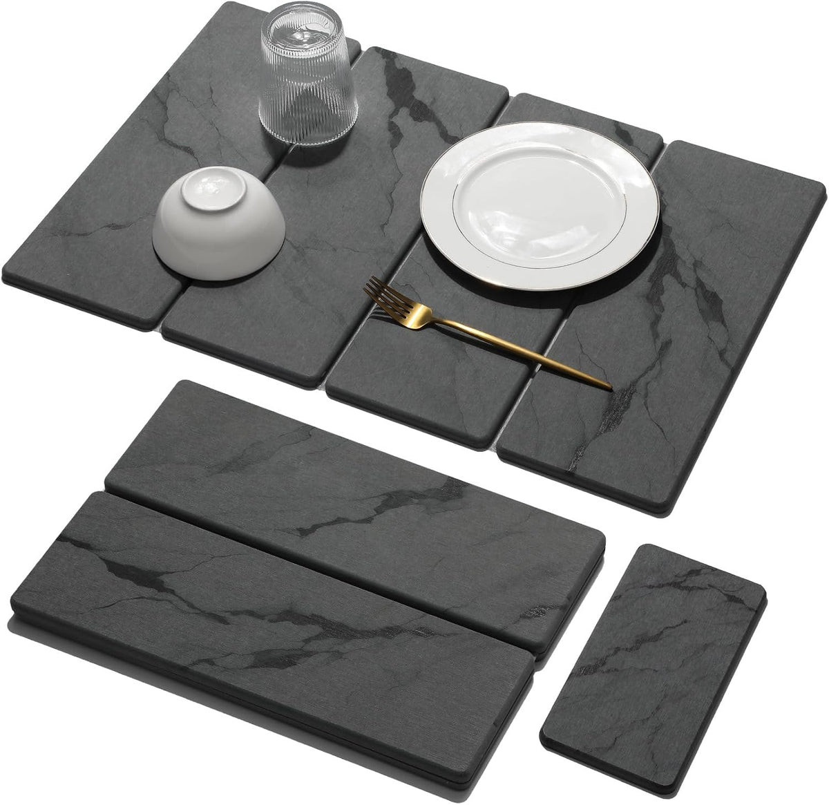 Large Stone Dish Drying Mat for Kitchen Counter, Quick Dry Stone Dishes/Bath Mats,Foldable Water Absorbing Diatomaceous Earth Drying Organizer Pad for Plate Rack Bottles Utensils(Dark Gray 24"×16")
